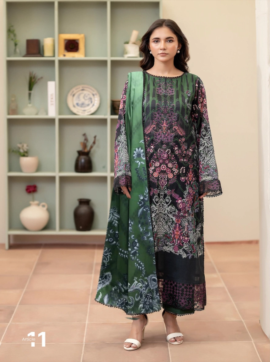 Pakistani Morja by Gulljee – Unstitched 3 Piece Emb Charcoal & Forest Green Floral