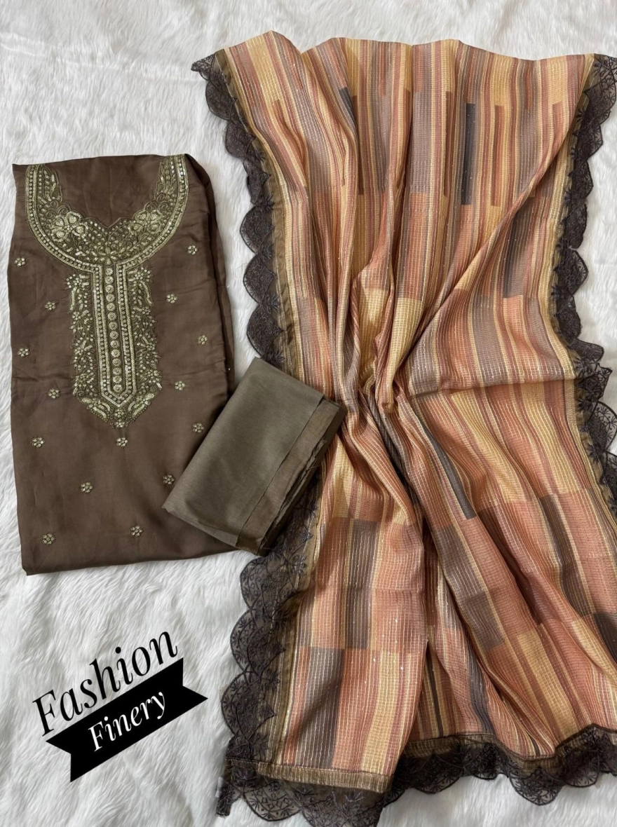 Mocha Gold Zari Embroidered Unstitched Suit