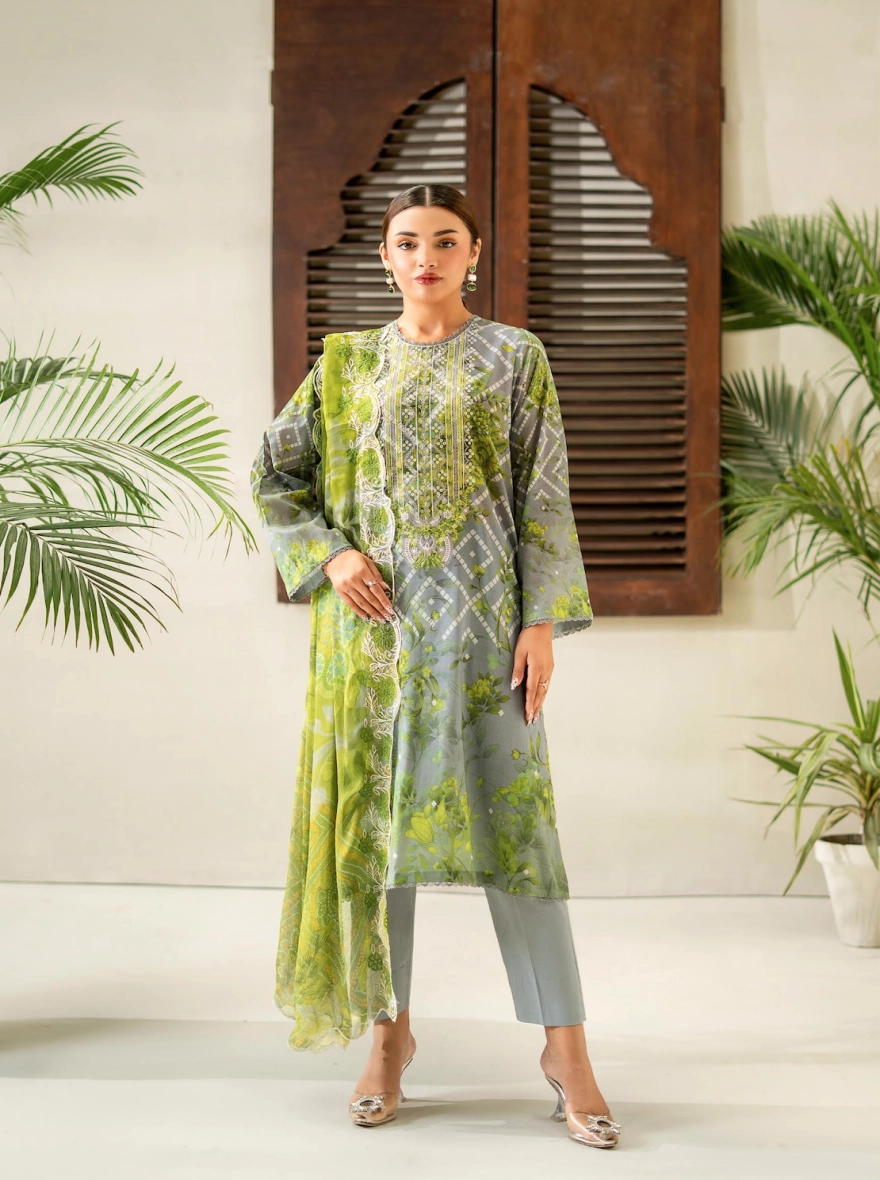 Citron Mist Embroidered 3-Piece Digital Lawn Suit with Cut-Work Chiffon Dupatta