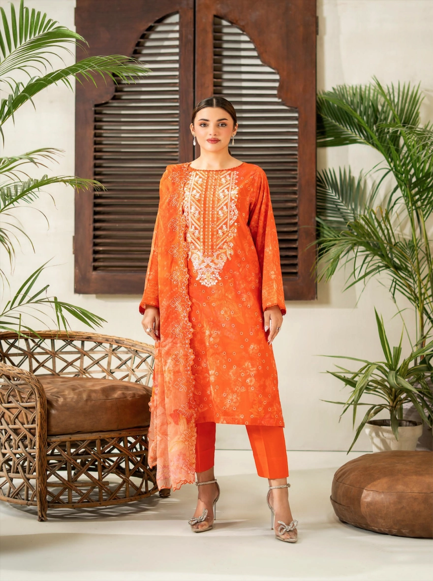 Amber Glow Embroidered 3-Piece Lawn Suit with Cut-Work Chiffon Dupatta