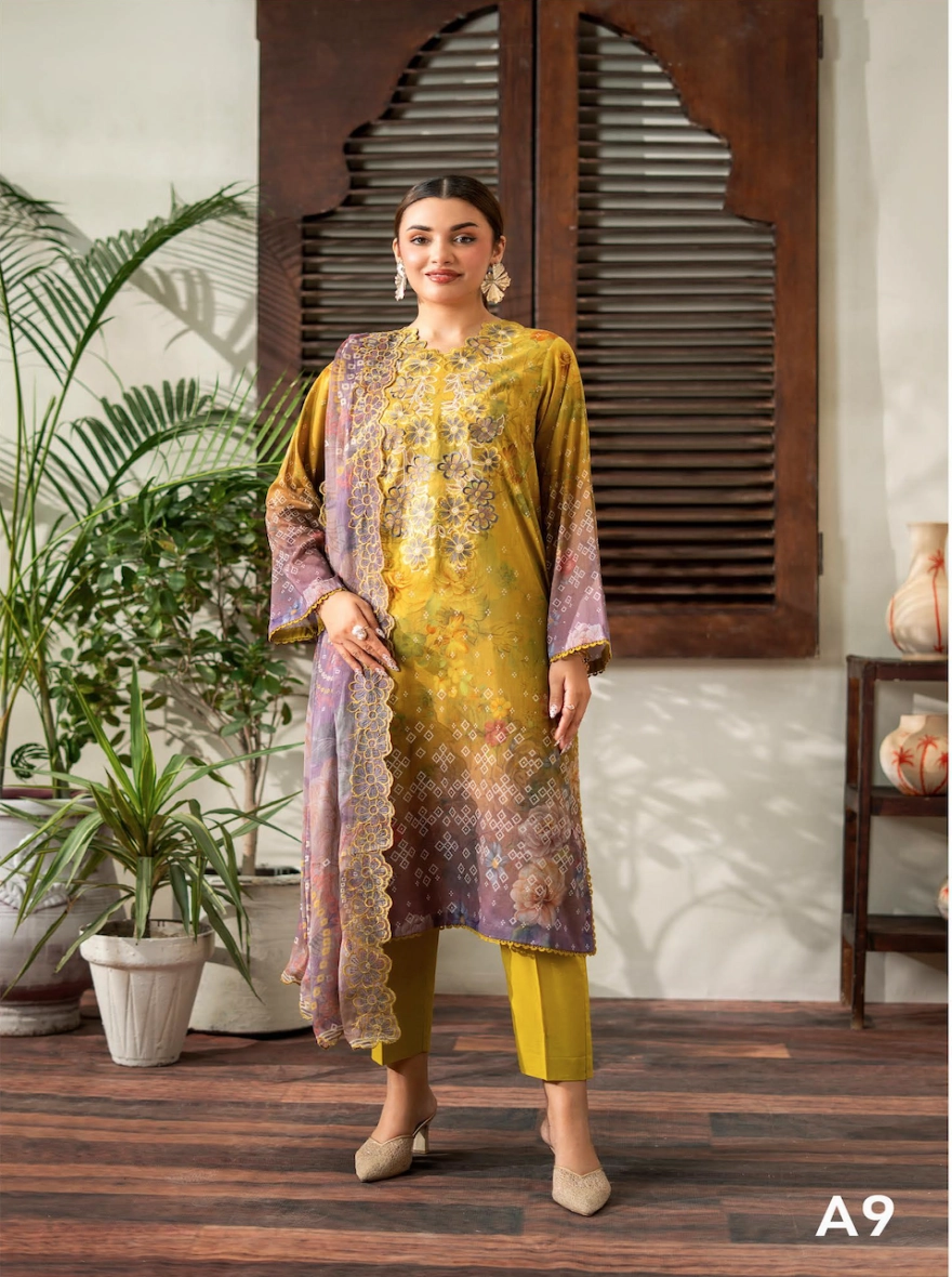 Mustard & Lavender Floral Embroidered 3-Piece Suit with Cut-Work Chiffon Dupatta