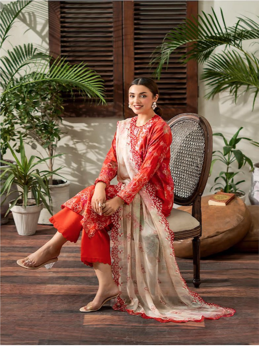 Crimson Aura Embroidered 3-Piece Lawn Suit with Cut-Work Chiffon Dupatta