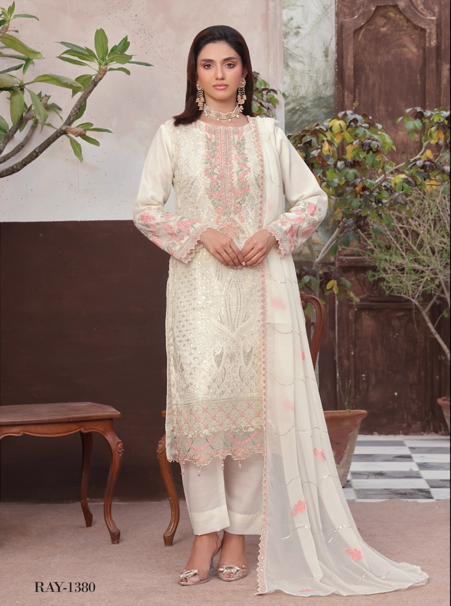 Ivory Petal Embroidered Chiffon 3-Piece Festive Suit