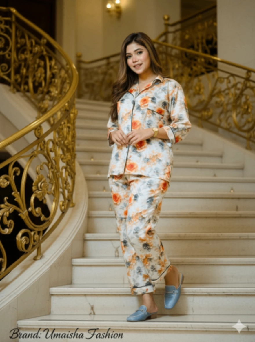 Umaisha Luxe Korean AC Silk Floral 2-Piece Nightwear