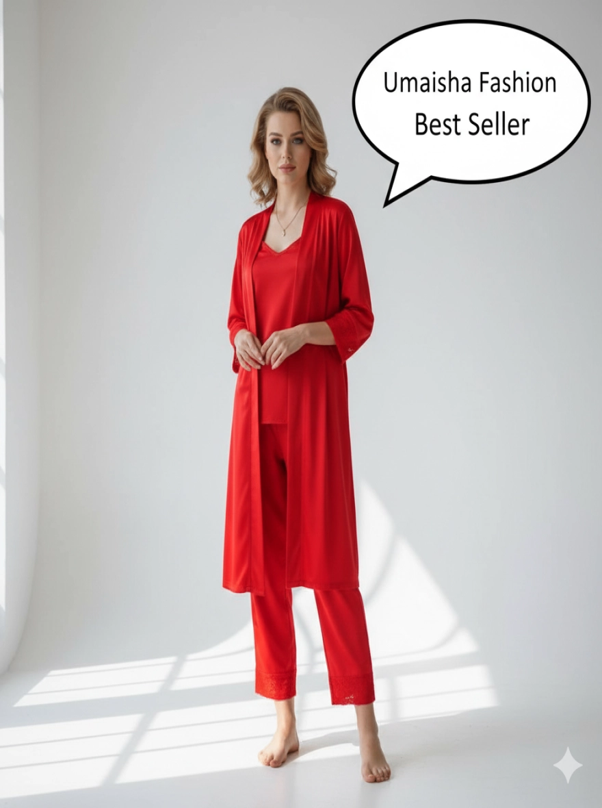 5 Part Shirt Pant Nightwear Set for Woman Glamourous Night Suit Set-Red