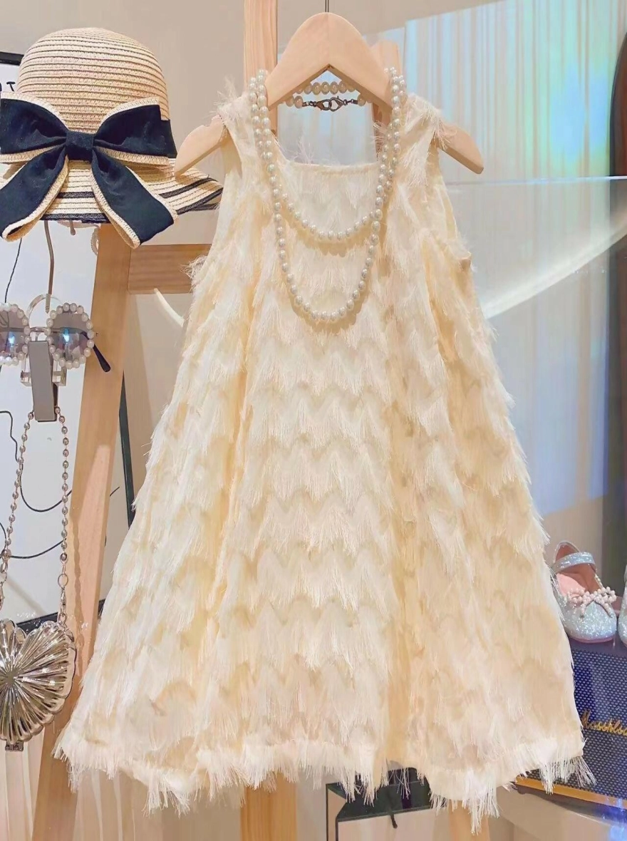 Pearl-Accented Beige Tassel Party Top