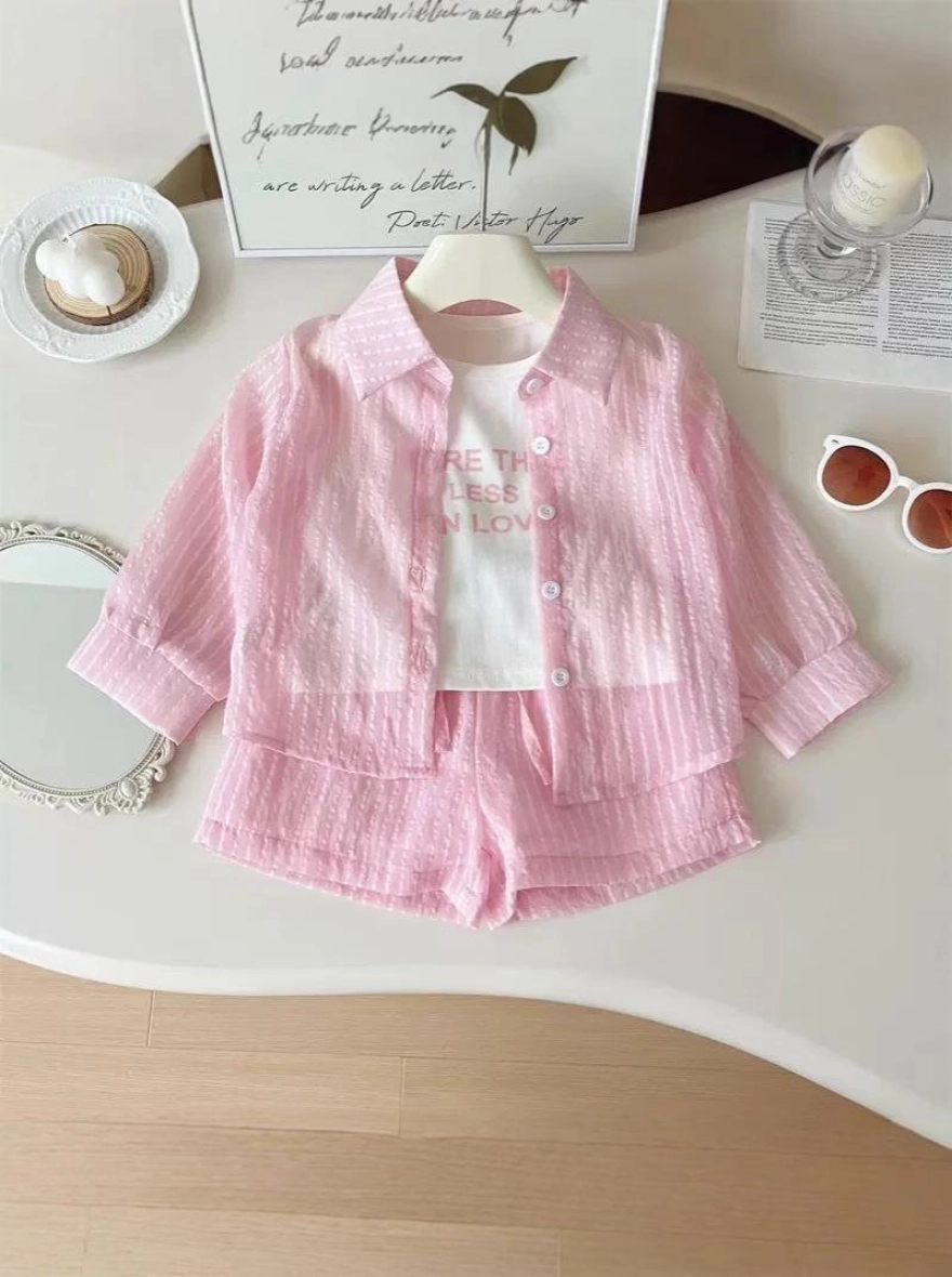 Striped Long-Sleeved Three-Piece Set with Shirt, Vest & Short