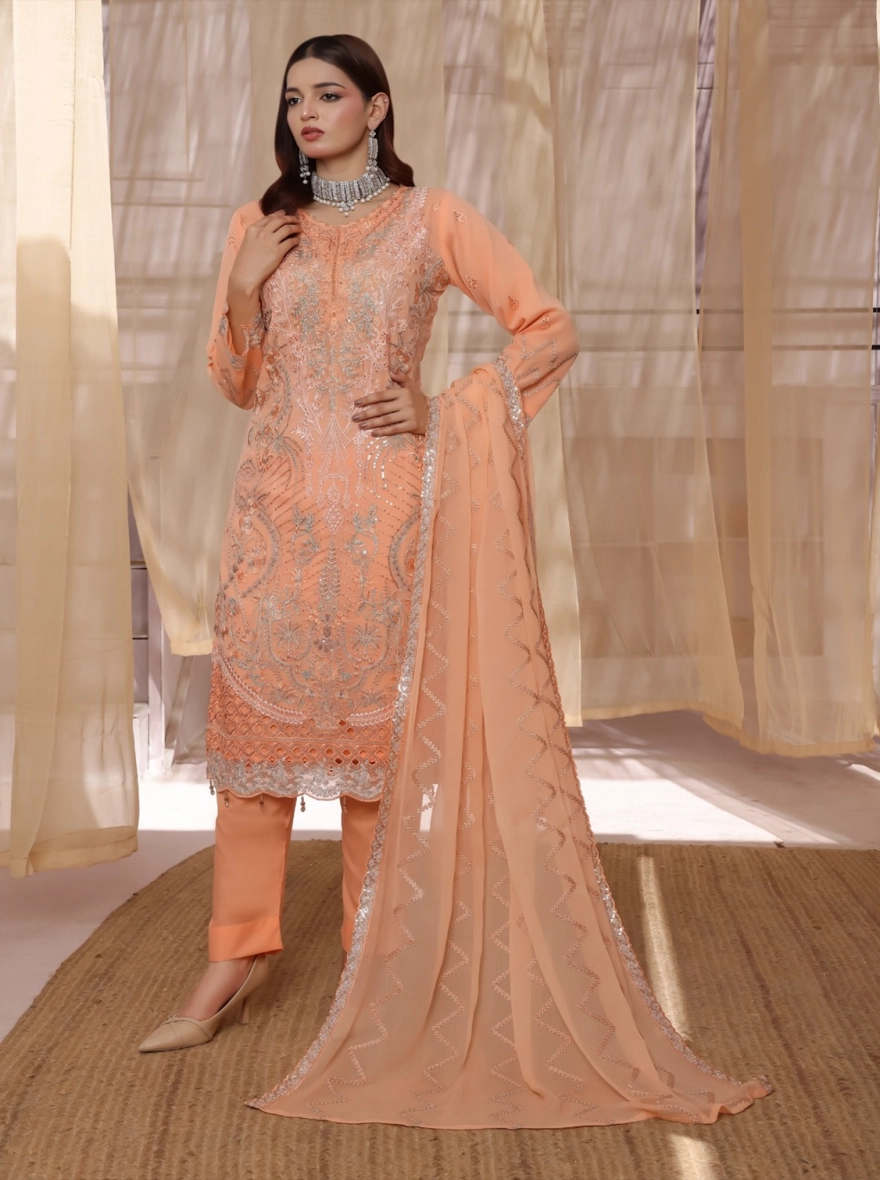 Pakistani Ronaq by Bin Hamid Embroidered Chiffon 3-Piece Suit-Ivory Petal 
