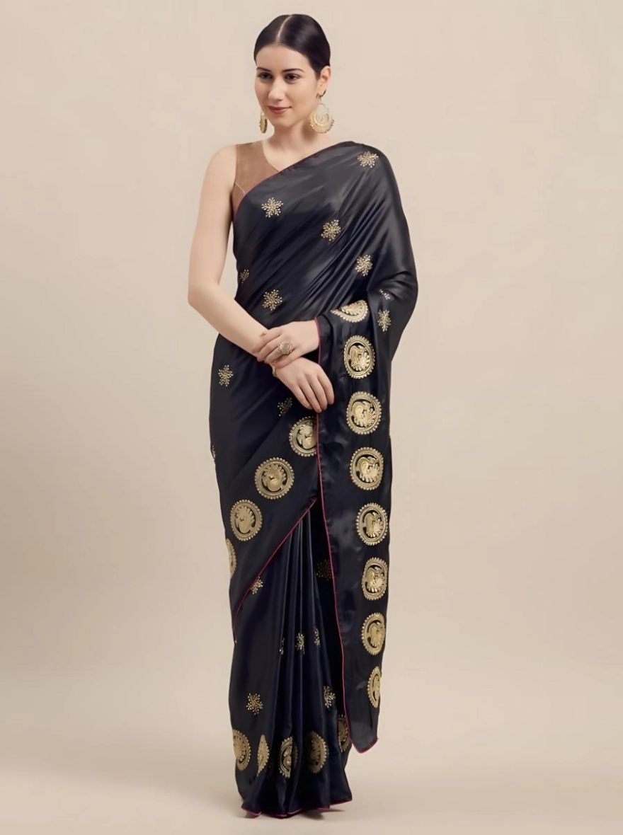 Midnight Ebony Aura: Premium Screen-Printed Soft Silk Katan Saree