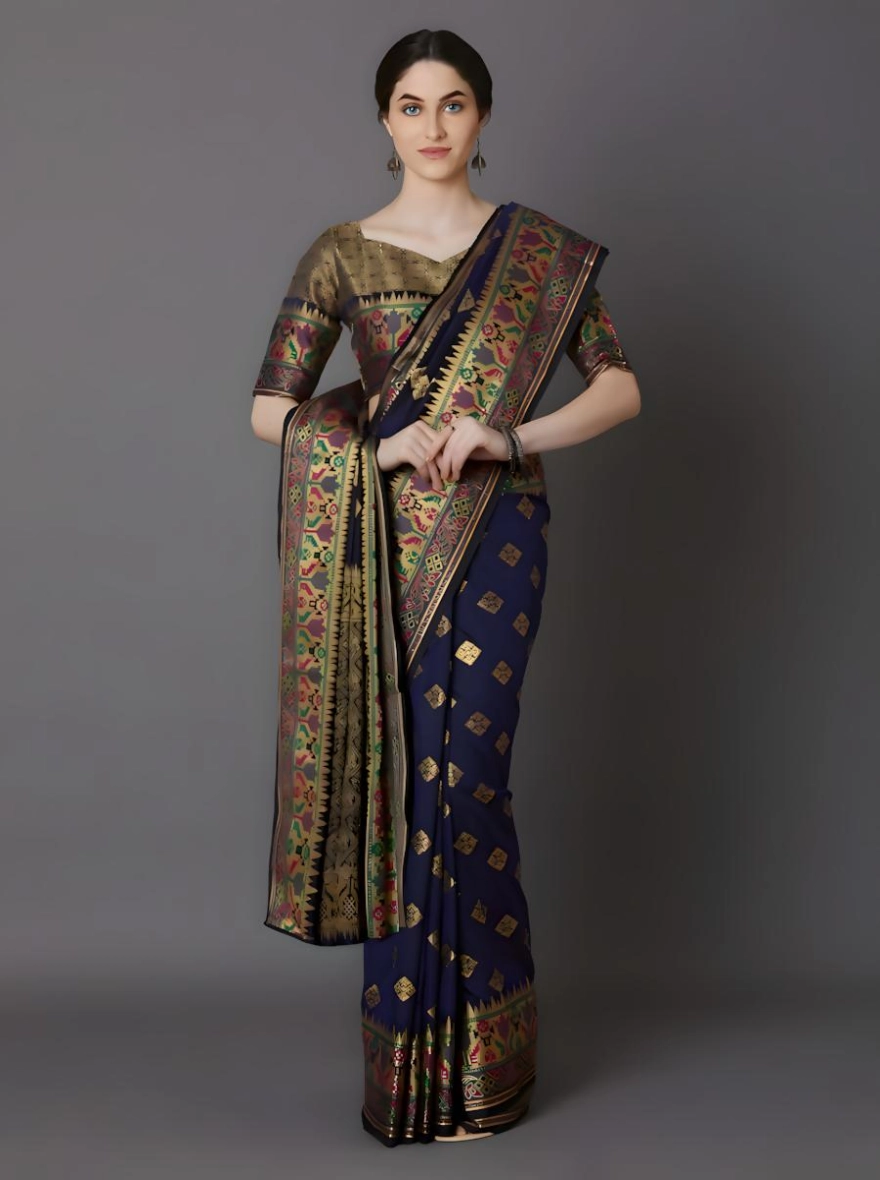 Soft Silk Screen Printed Premium Katan Sharee with Blouse - Baltic Sea