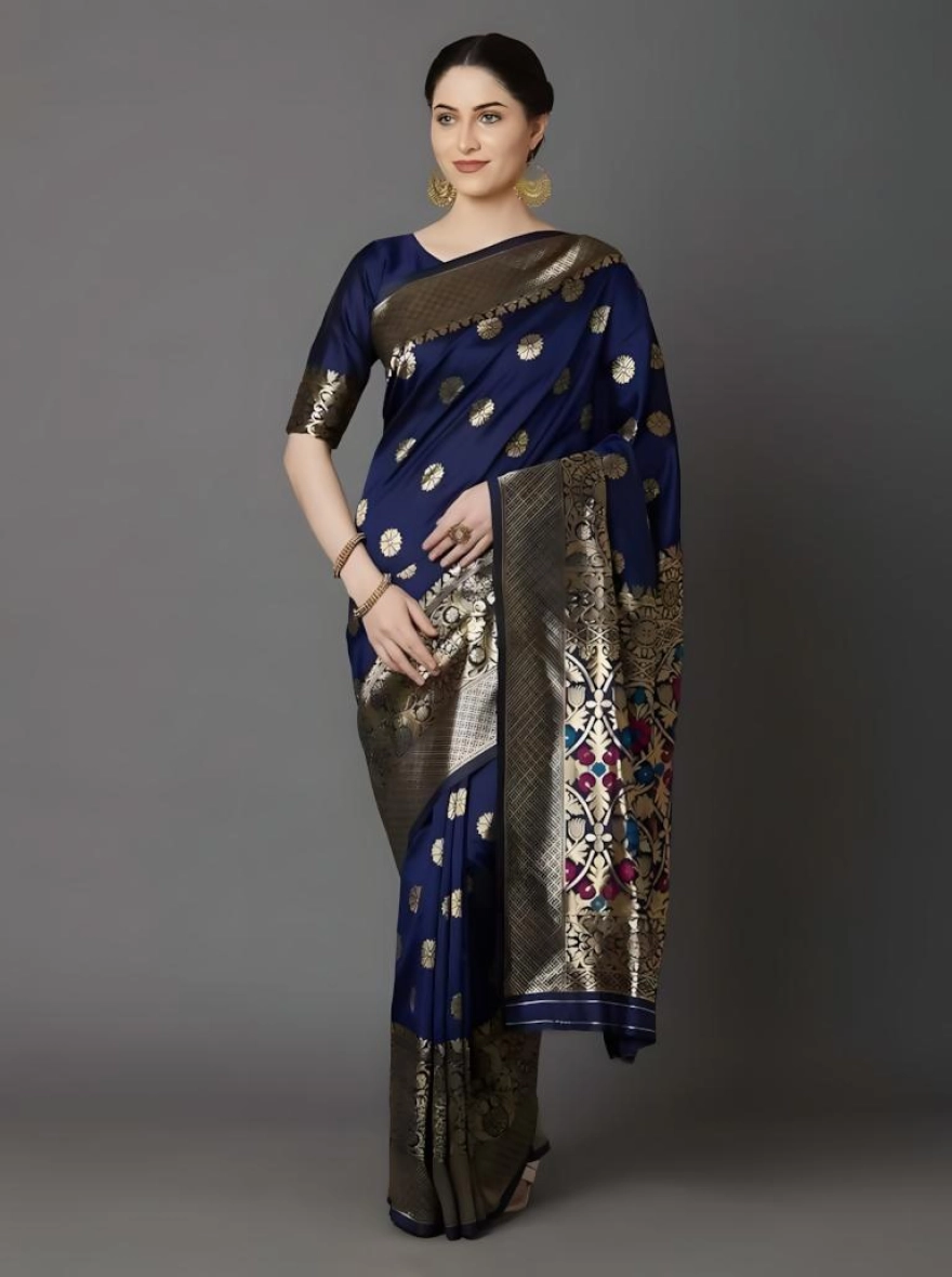 Soft Silk Screen Printed Premium Katan Sharee with Blouse - Nile Blue