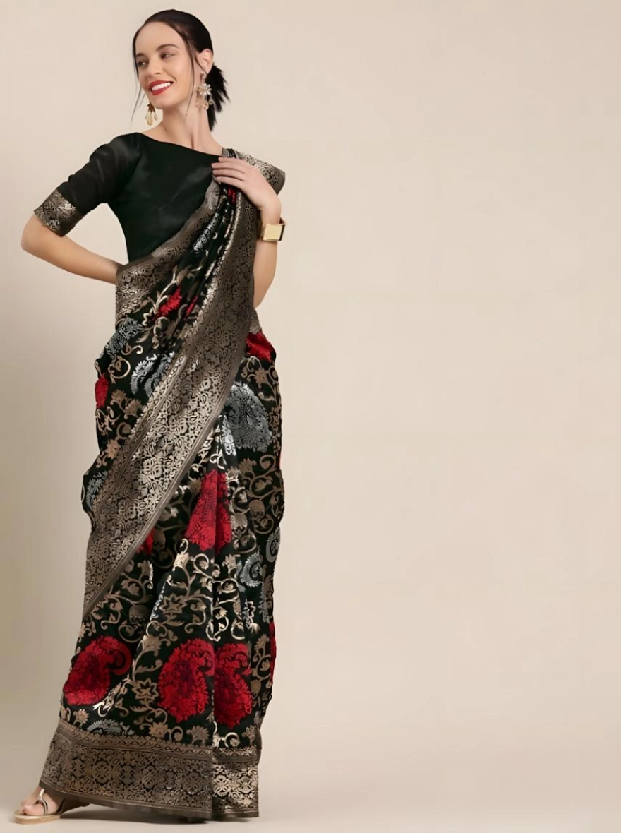 Soft Silk Screen Printed Premium Katan Sharee with Blouse - Onyx