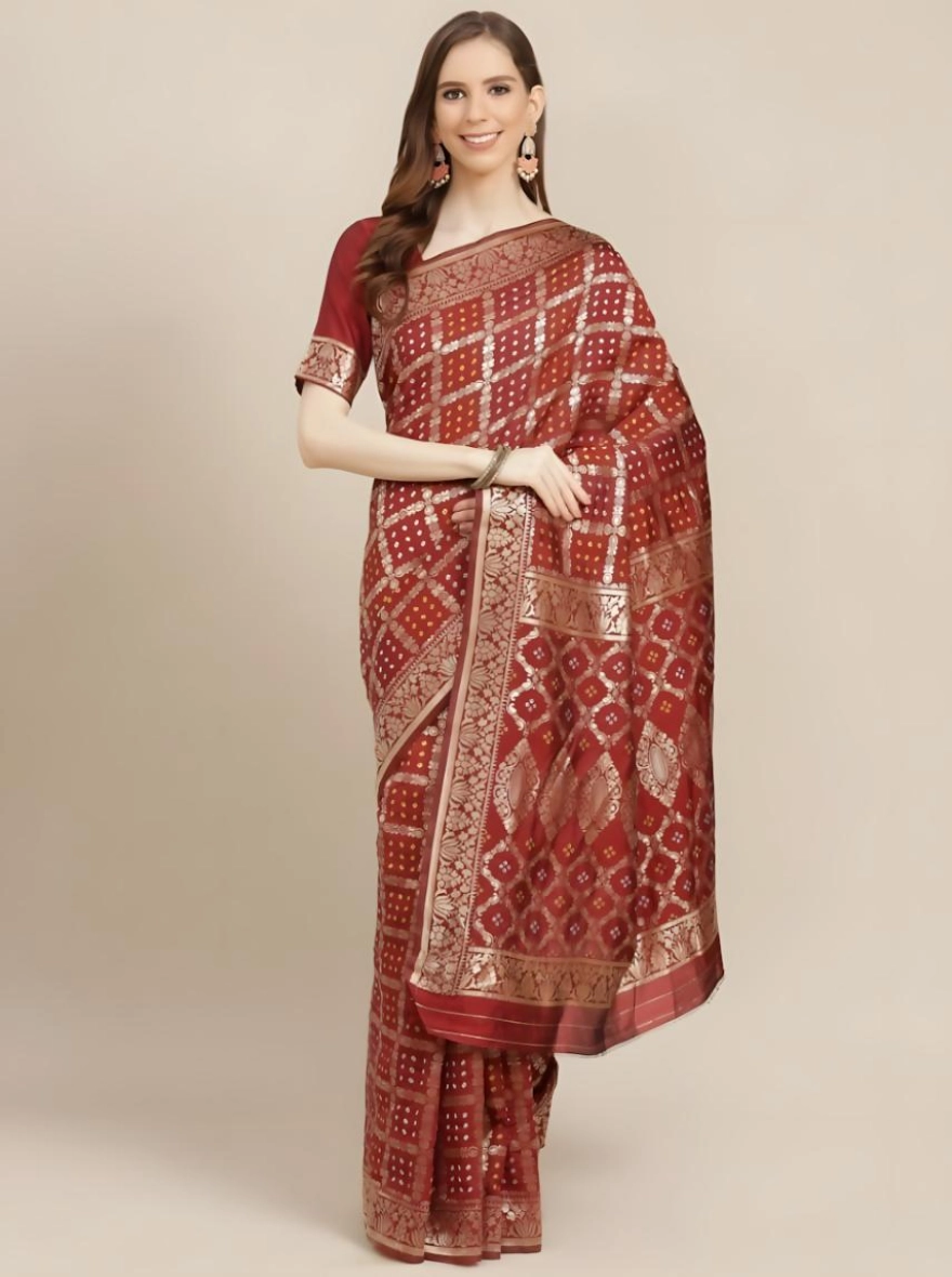 Soft Silk Screen Printed Premium Katan Sharee with Blouse - Red