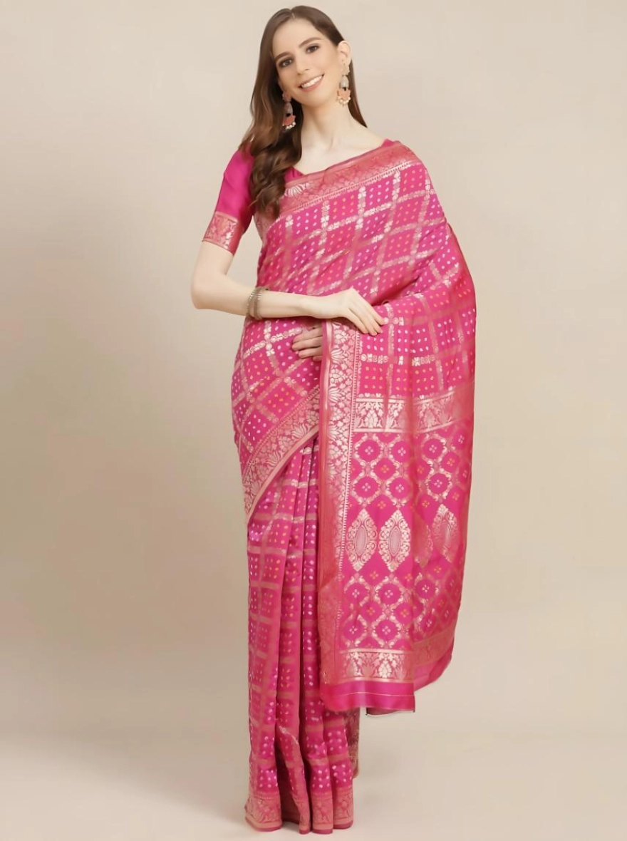 Soft Silk Screen Printed Premium Katan Sharee with Blouse - Pink