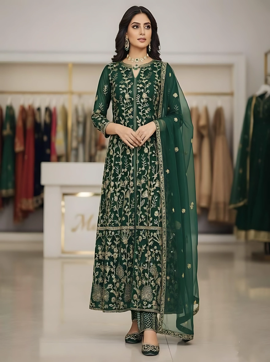 Ready Made Georgette Embroidered Party Dress - Green