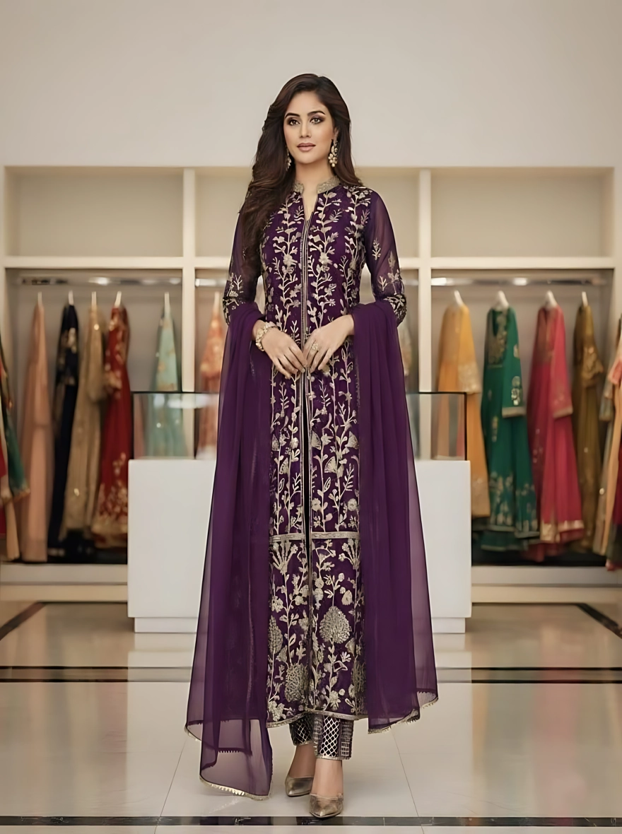 Ready Made Georgette Embroidered Party Dress - Purple