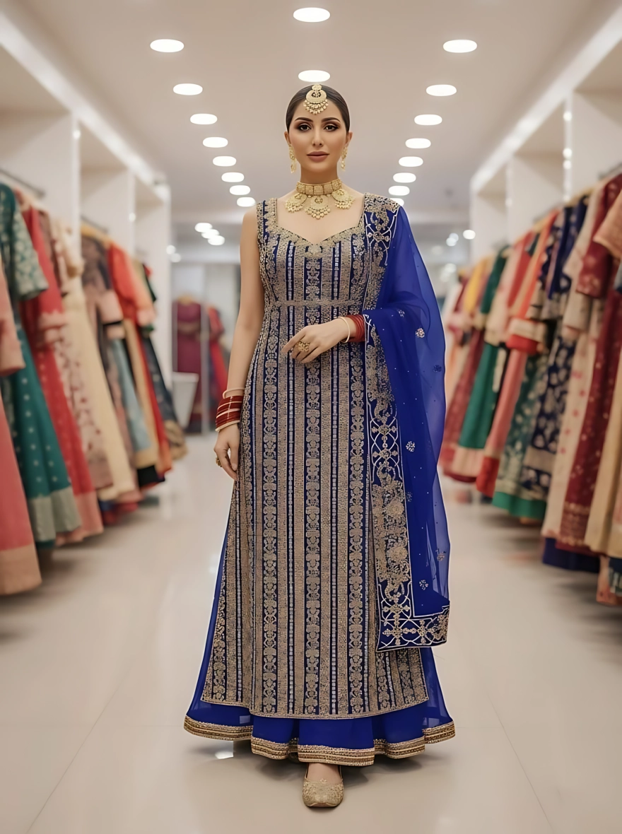 Luxury Semi Stitched Georgette Party Dress - Blue