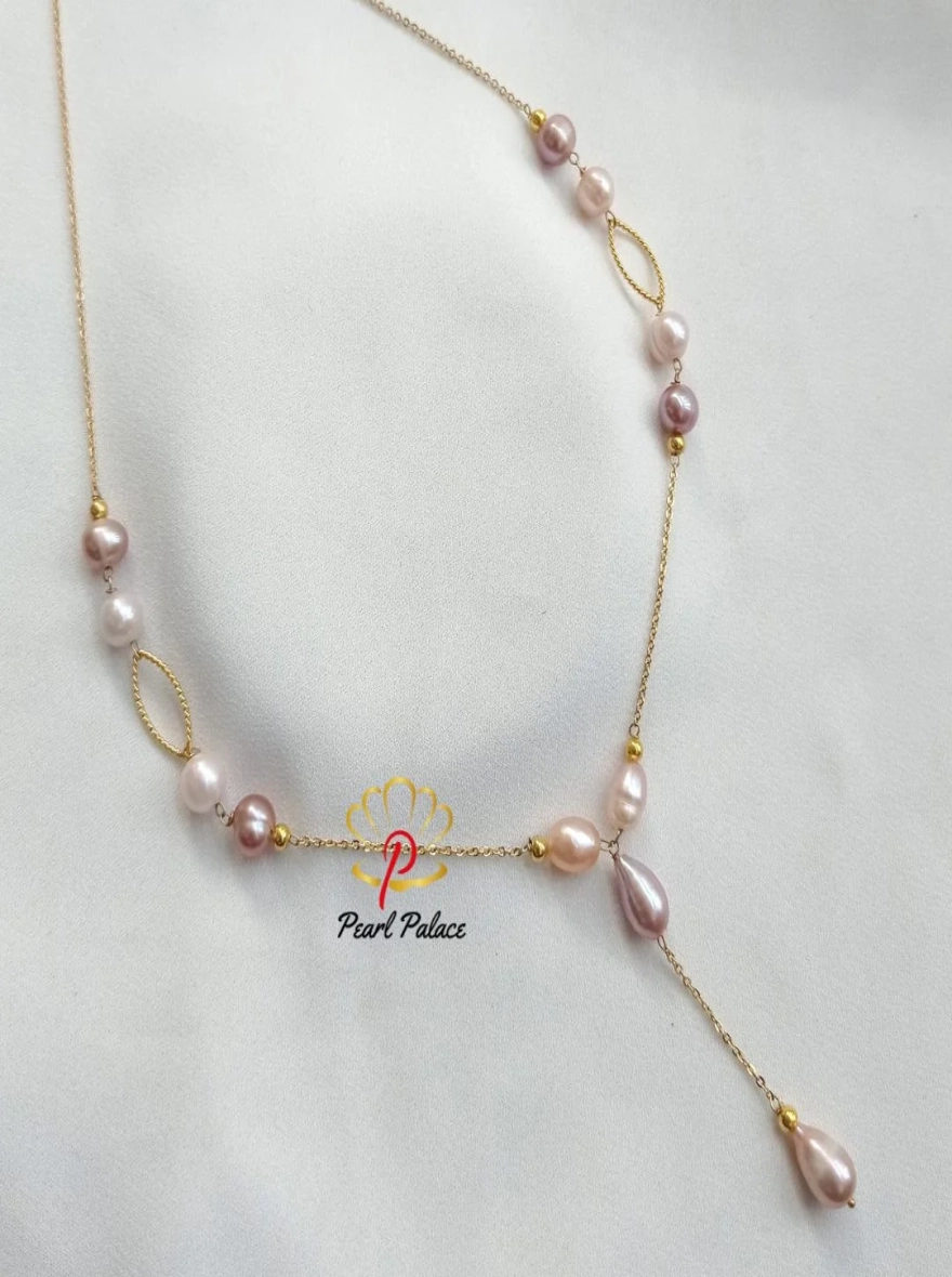Gold Plated Chain Necklace with Light Pink and White Freshwater Pearls and Gold Accents.
