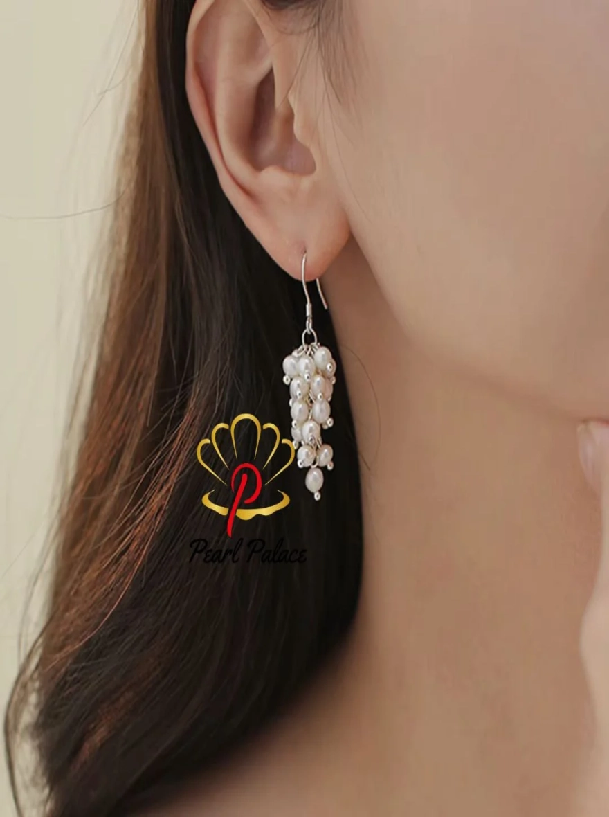 Original Freshwater Pearls Beaded Tassel Grape Drop Earrings for Women – Silver-Plated Copper Bridal Jewelry