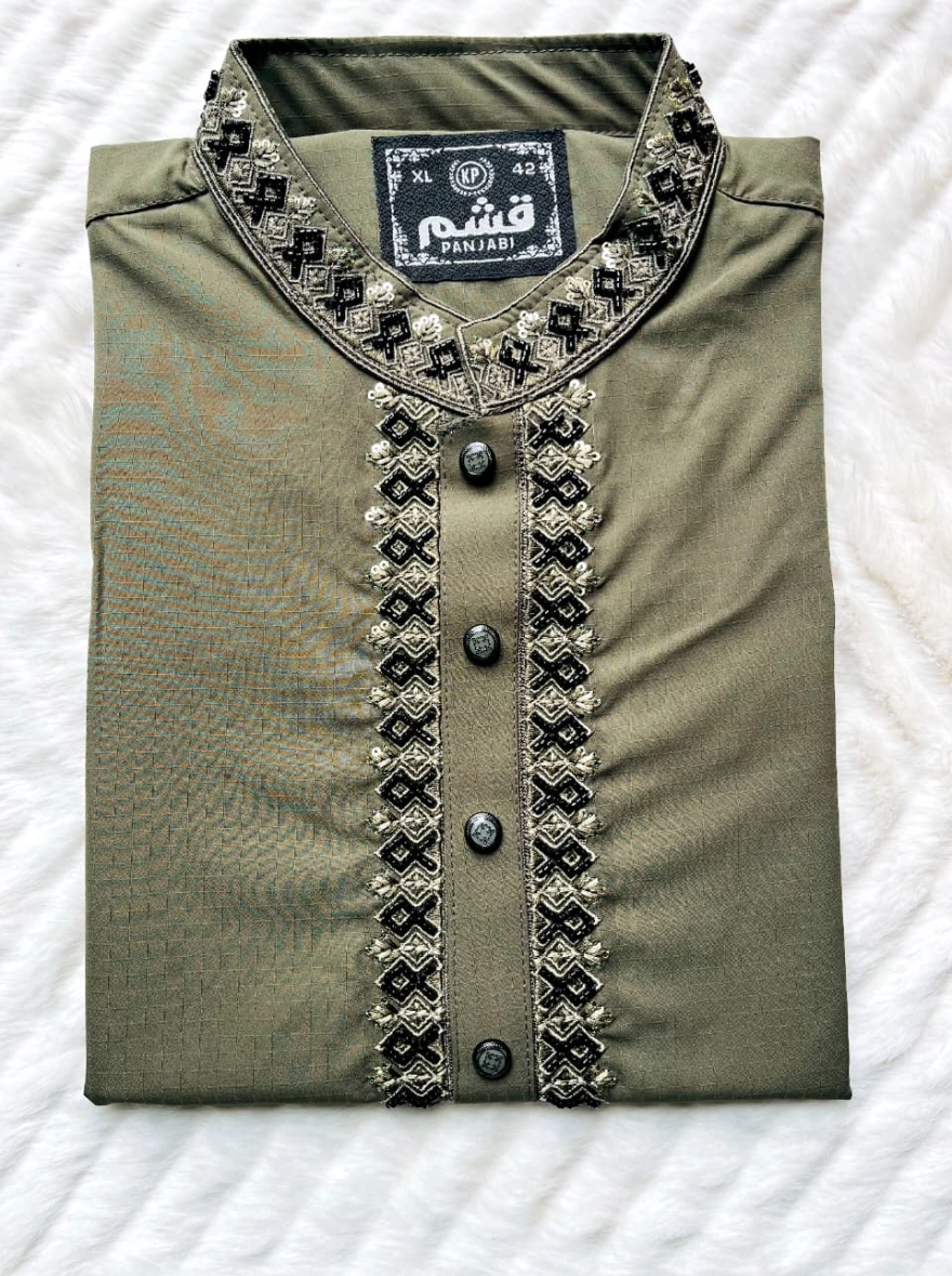 Olive Moss Lattice Embroidered Panjabi