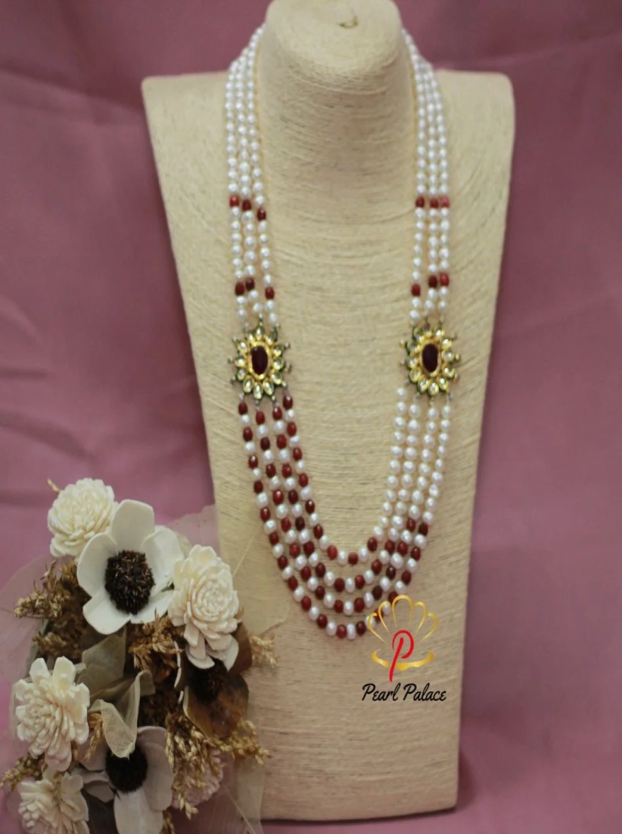 Exclusive Ruby & Pearl Men's Multi-Layer Wedding Necklace