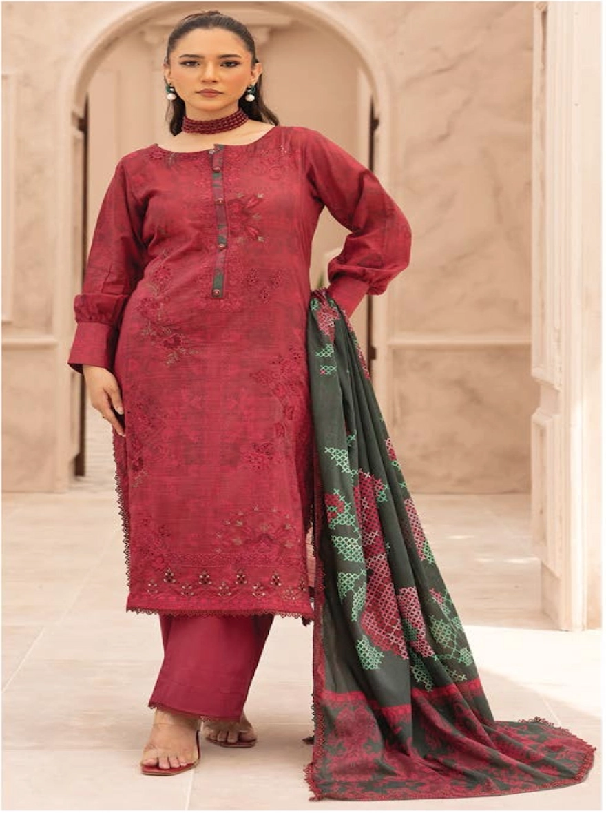 Maroon Majesty Embroidered 3-Piece Lawn Suit