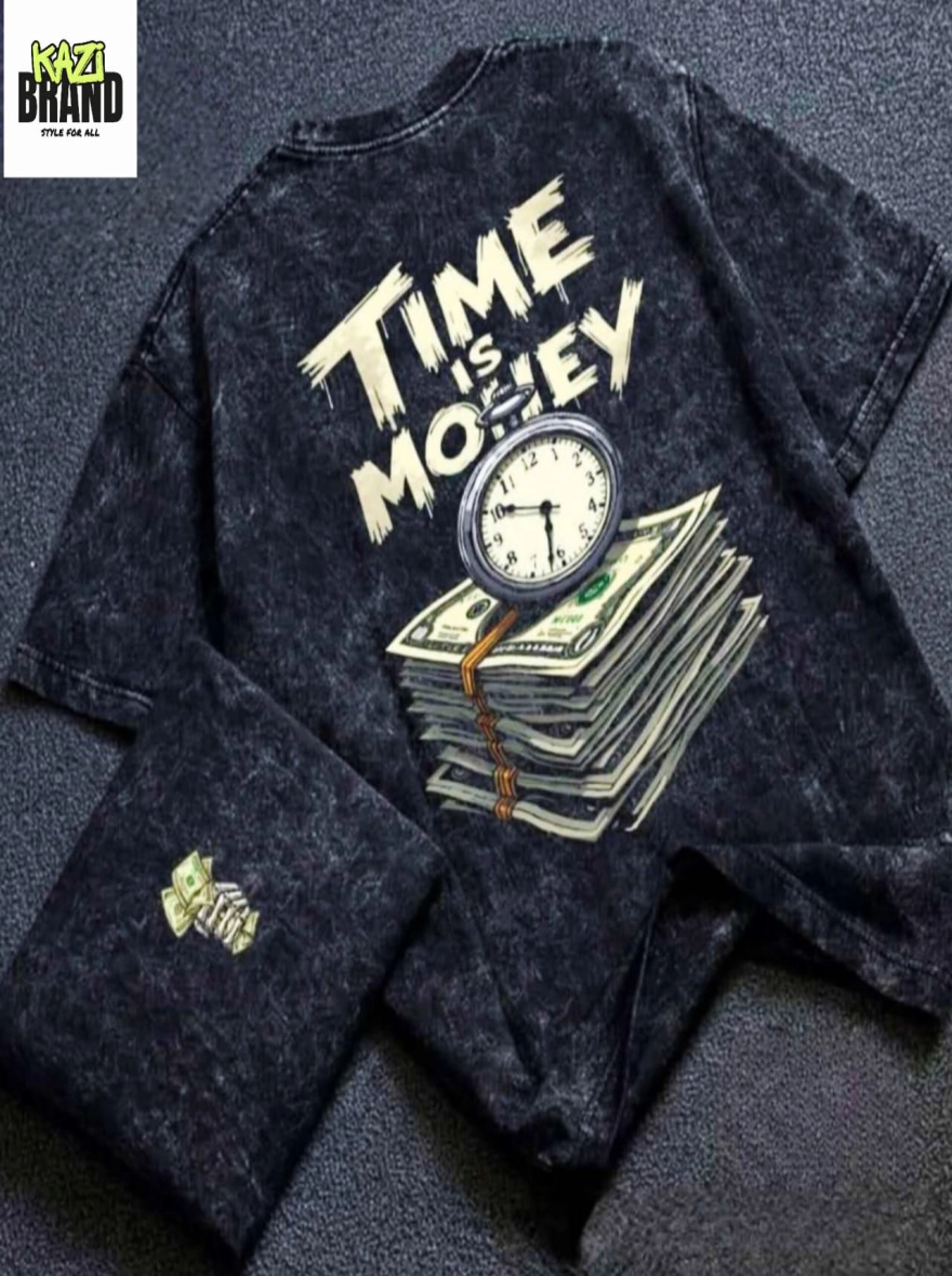 **"TIME IS MONEY" Acid Wash Premium Drop Shoulder T-Shirt**