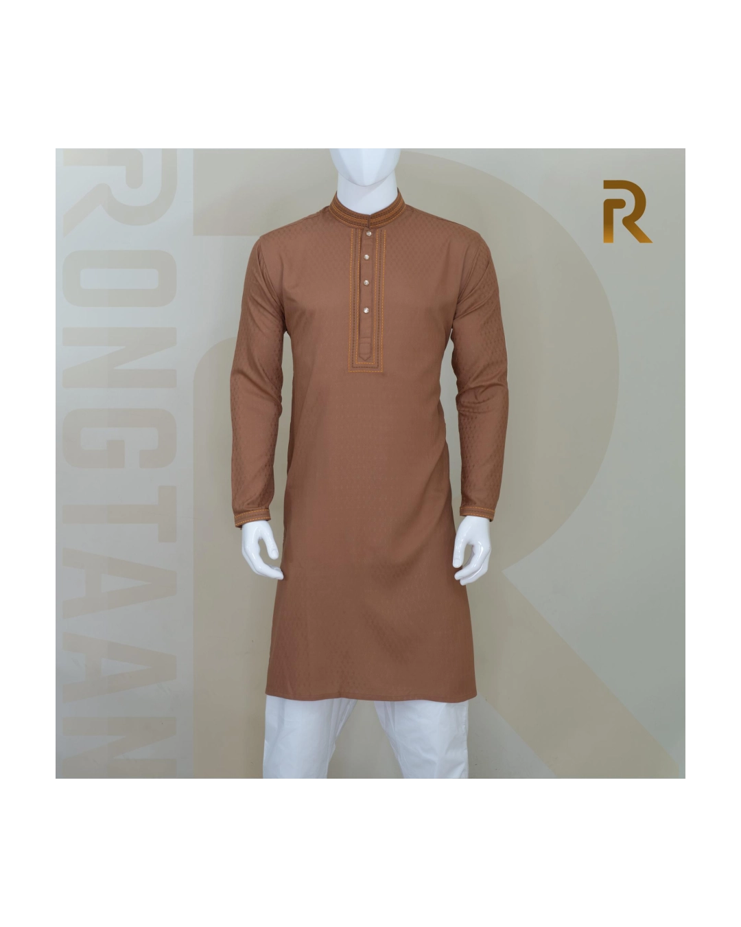 Premium Cinnamon Brown Jacquard Cotton Panjabi with Elegant Embroidery & Snap Button