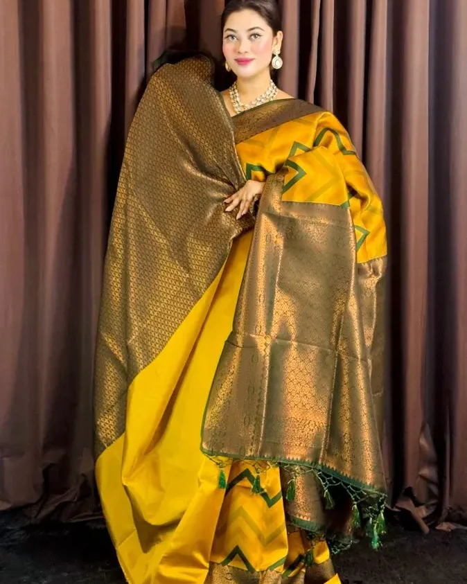 Mustard & Olive Chevron Silk Saree