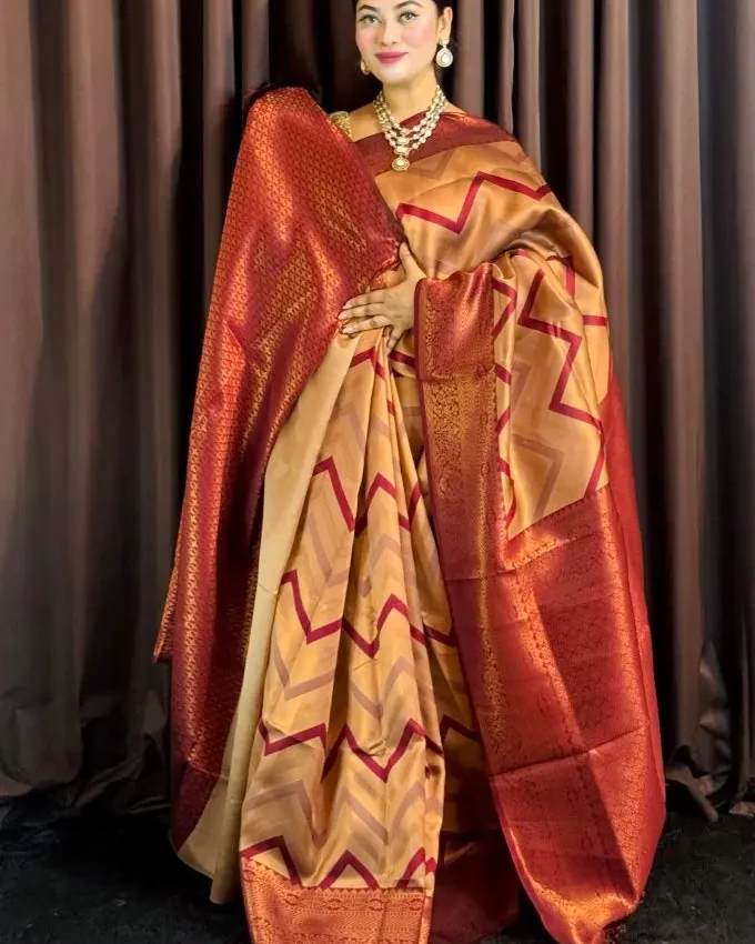 Beige & Maroon Chevron Silk Saree