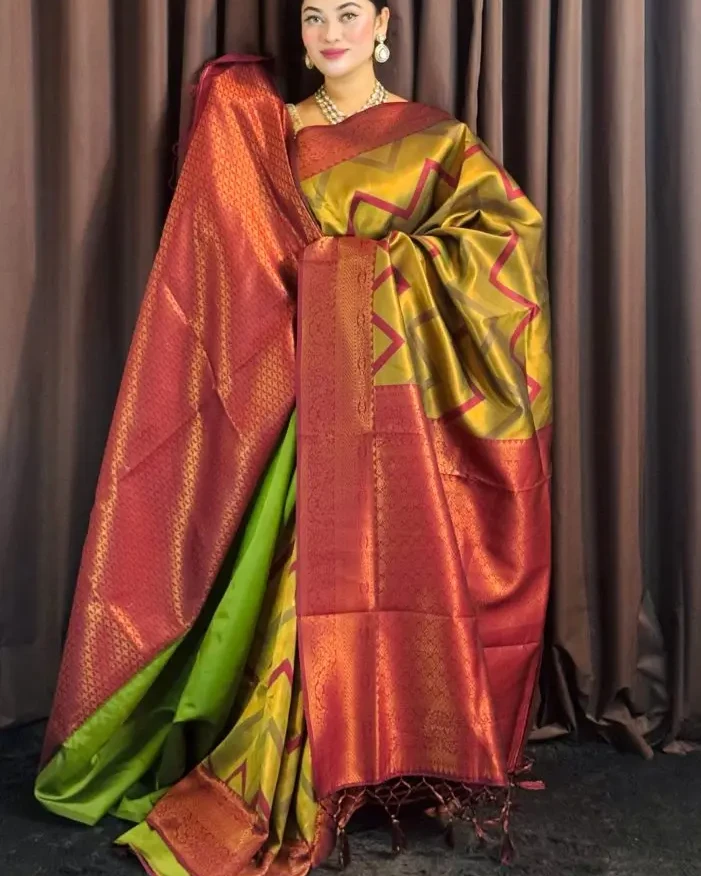 Olive Green & Maroon Chevron Silk Saree