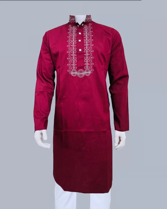 Merun Glossy Embroidered Cotton Slim Fit Panjabi for Men