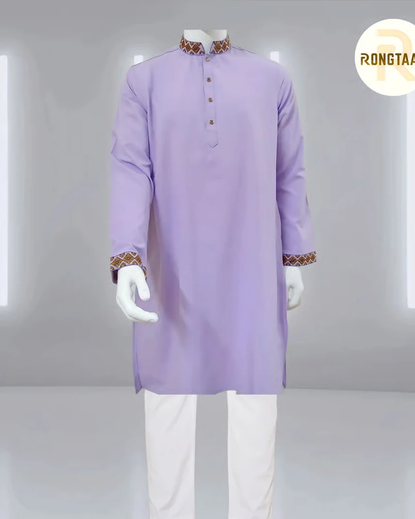 Levender Glossy and Embroidered Cotton-Viscose Slim Fit Panjabi for Men