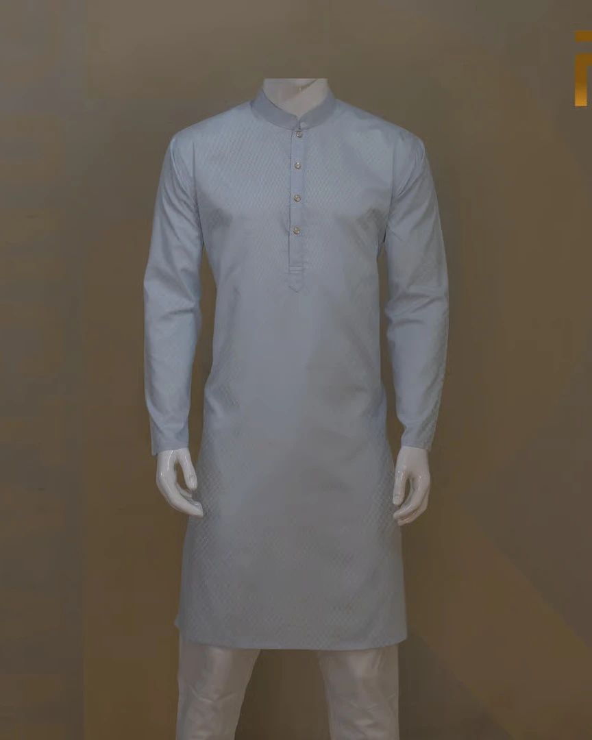 Pale Blue Jacquard Premium Cotton Panjabi with Snap Button – Elegant Traditional Wear for Men