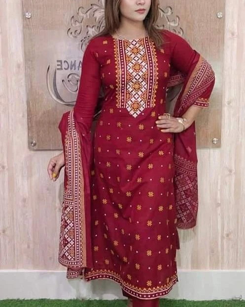 Maroon Heritage Print & Embroidered 3-Piece Salwar Kameez Suit