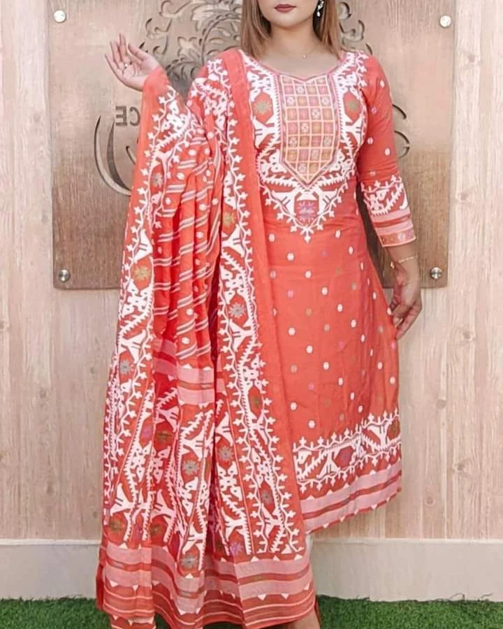 Coral Peach Traditional Block-Print 3-Piece Salwar Kameez Suit
