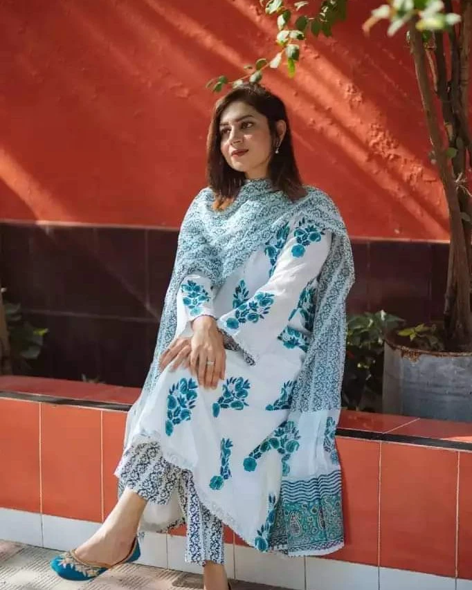 White & Turquoise Floral Block-Print 3-Piece Salwar Kameez Suit
