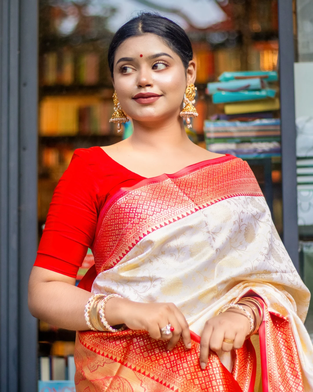 Classic White & Red Puja Special Katan Saree - Heritage Edition