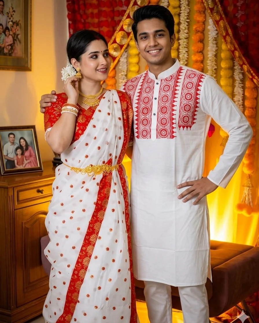 Heritage Red-White Premium Boishakhi Couple Combo