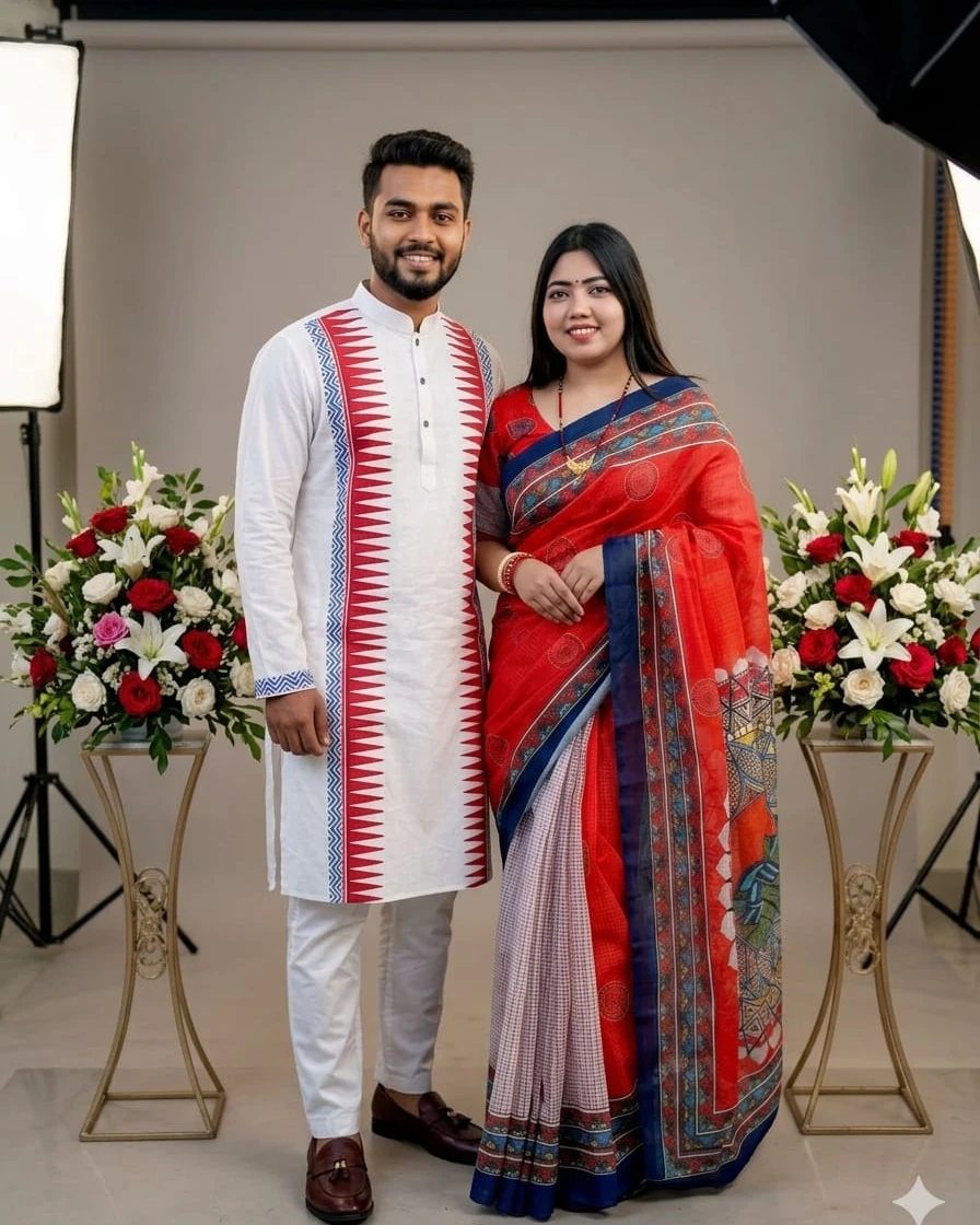 Baoshakhi Premium Digital-Print Silk Couple Set