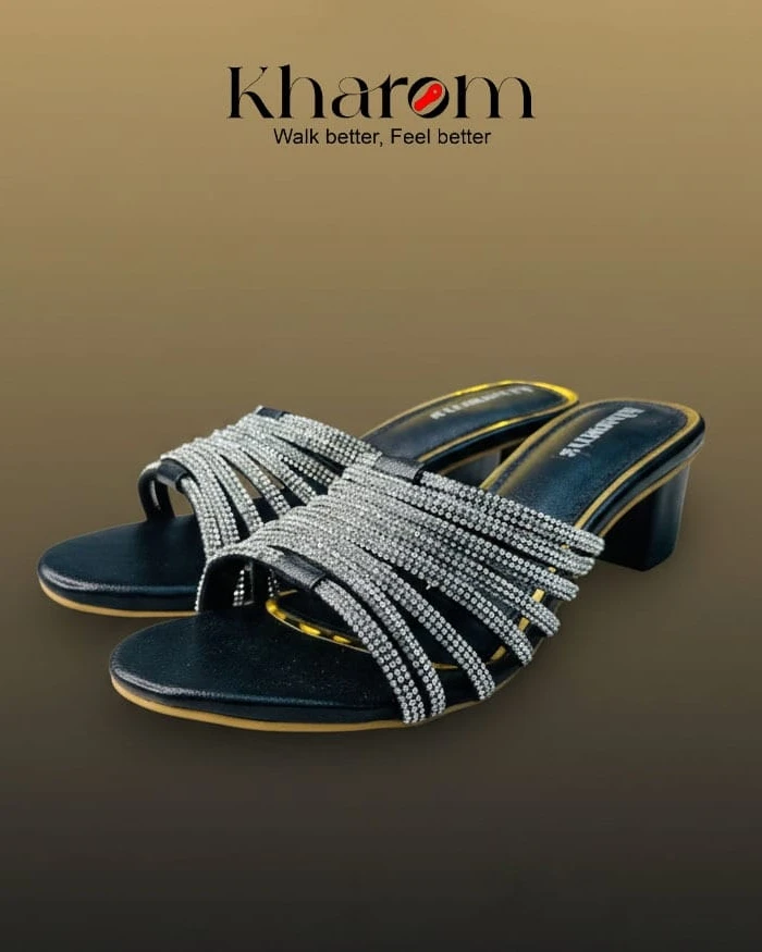 Midnight Rhinestone Strappy Block Heels