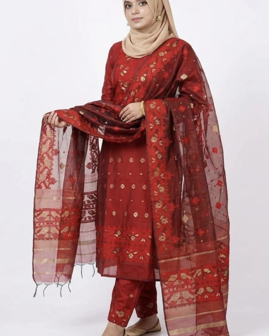 Vintage Garnet Tangail Tencel Jamdani