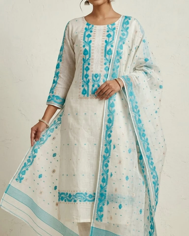 Arctic Azure Tangail Tencel Jamdani