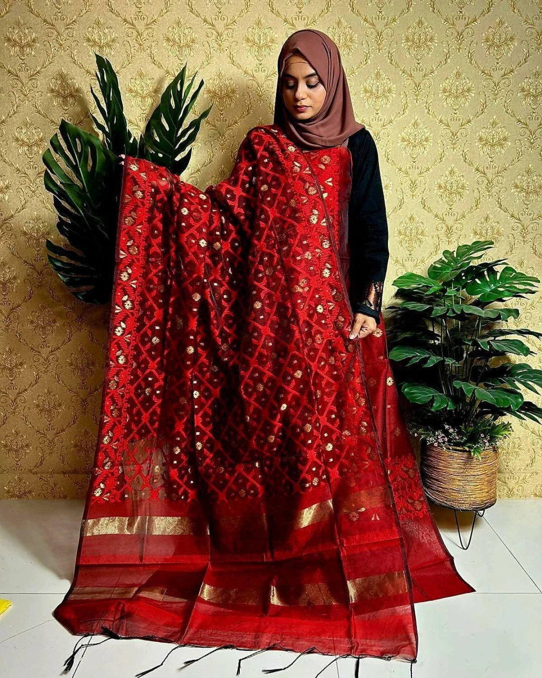 Ruby Glow Tangail Tencel Jamdani