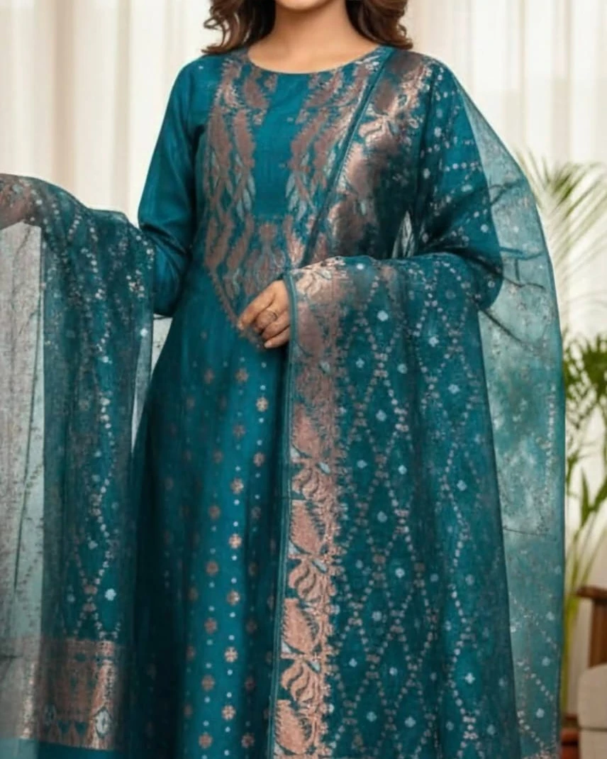 Teal Copper Tangail Tencel Jamdani