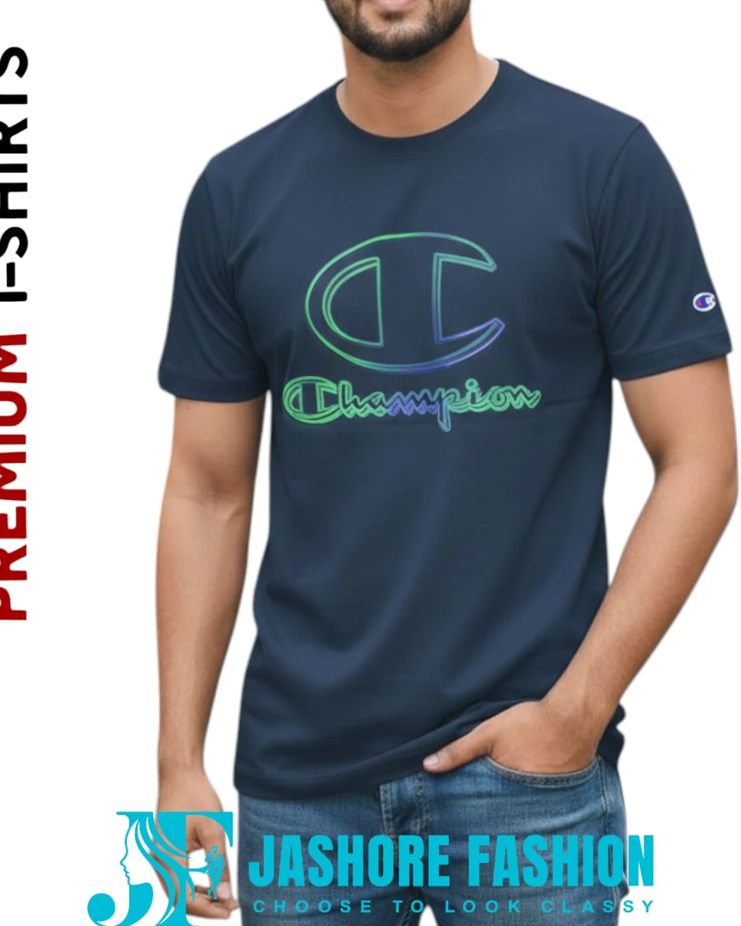 Champion Navy Neon Gradient Logo Tee