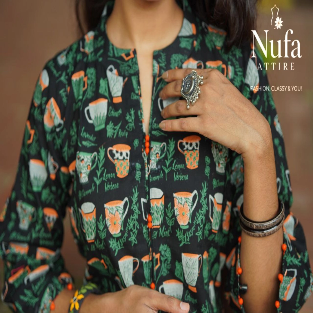 Nufa Attire Black Tea Cup Print Kurti