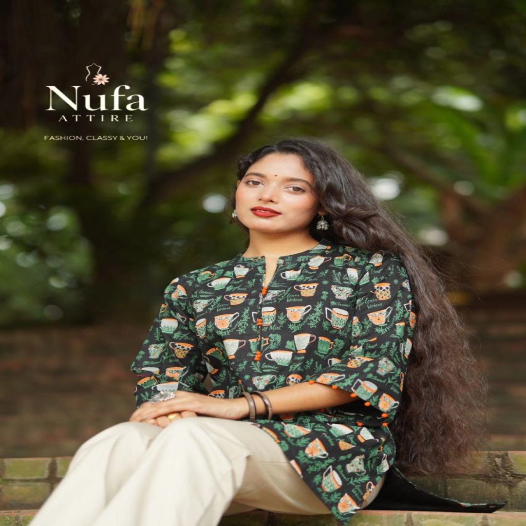 Nufa Attire Black Tea Cup Print Kurti