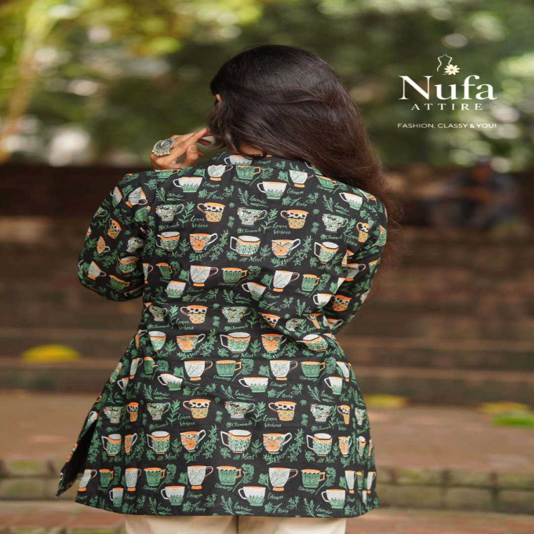 Nufa Attire Black Tea Cup Print Kurti