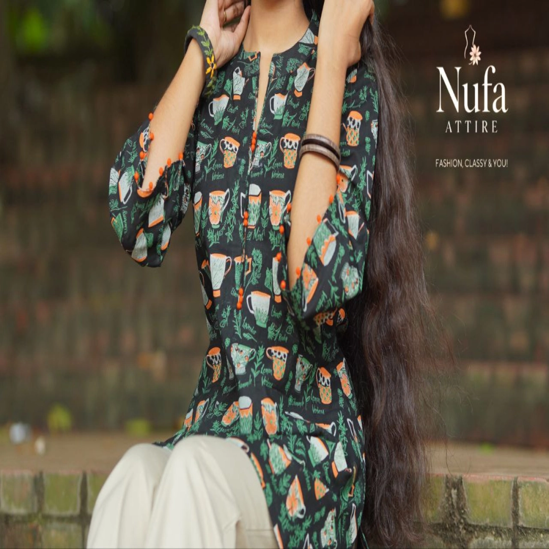 Nufa Attire Black Tea Cup Print Kurti